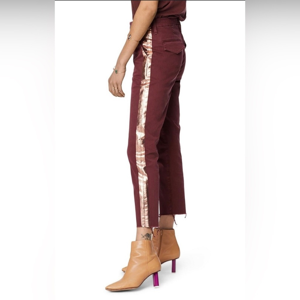 MOTHER Burgundy Ankle Crop Jeans with Metallic Gold Side Stripe